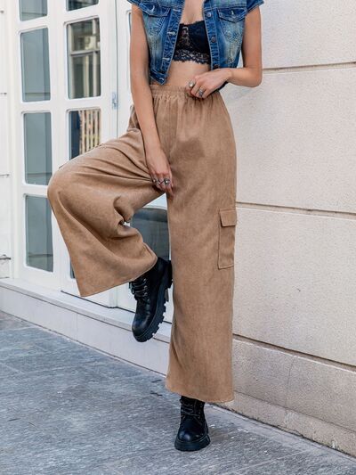 Sarah Mea Camel Brown Pocketed Wide Leg Elastic Waist Pants