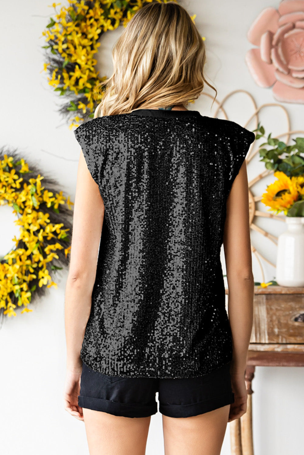 Women's Sequin Round Neck Capped Sleeve Tank