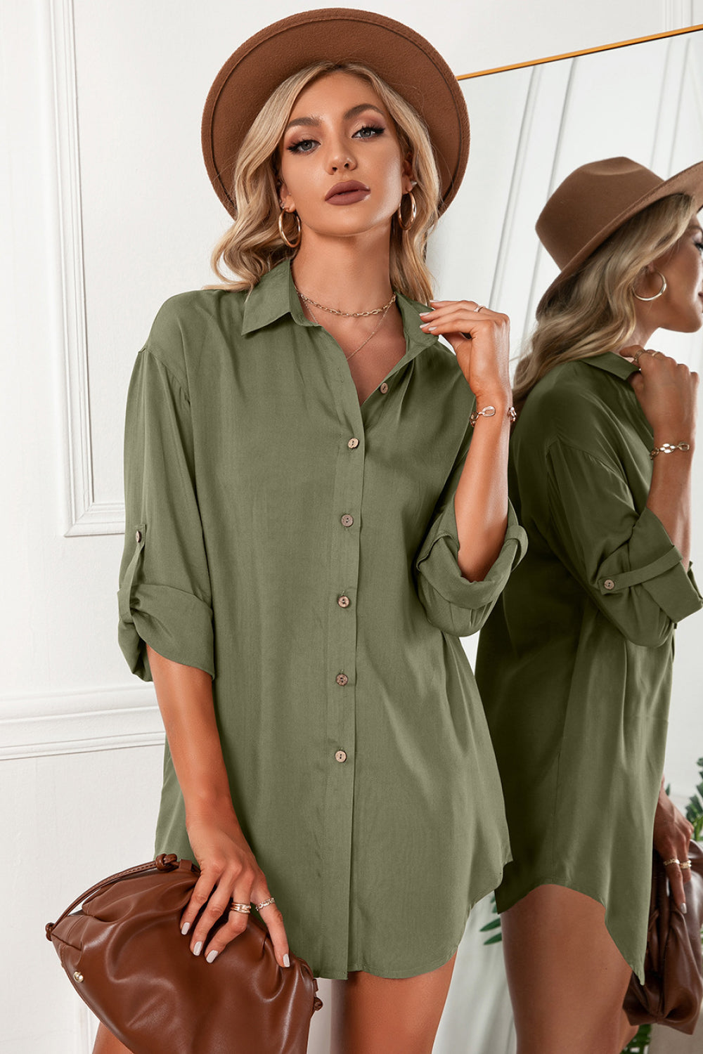 Full Size Solid Button Up Drop Shoulder Blouse