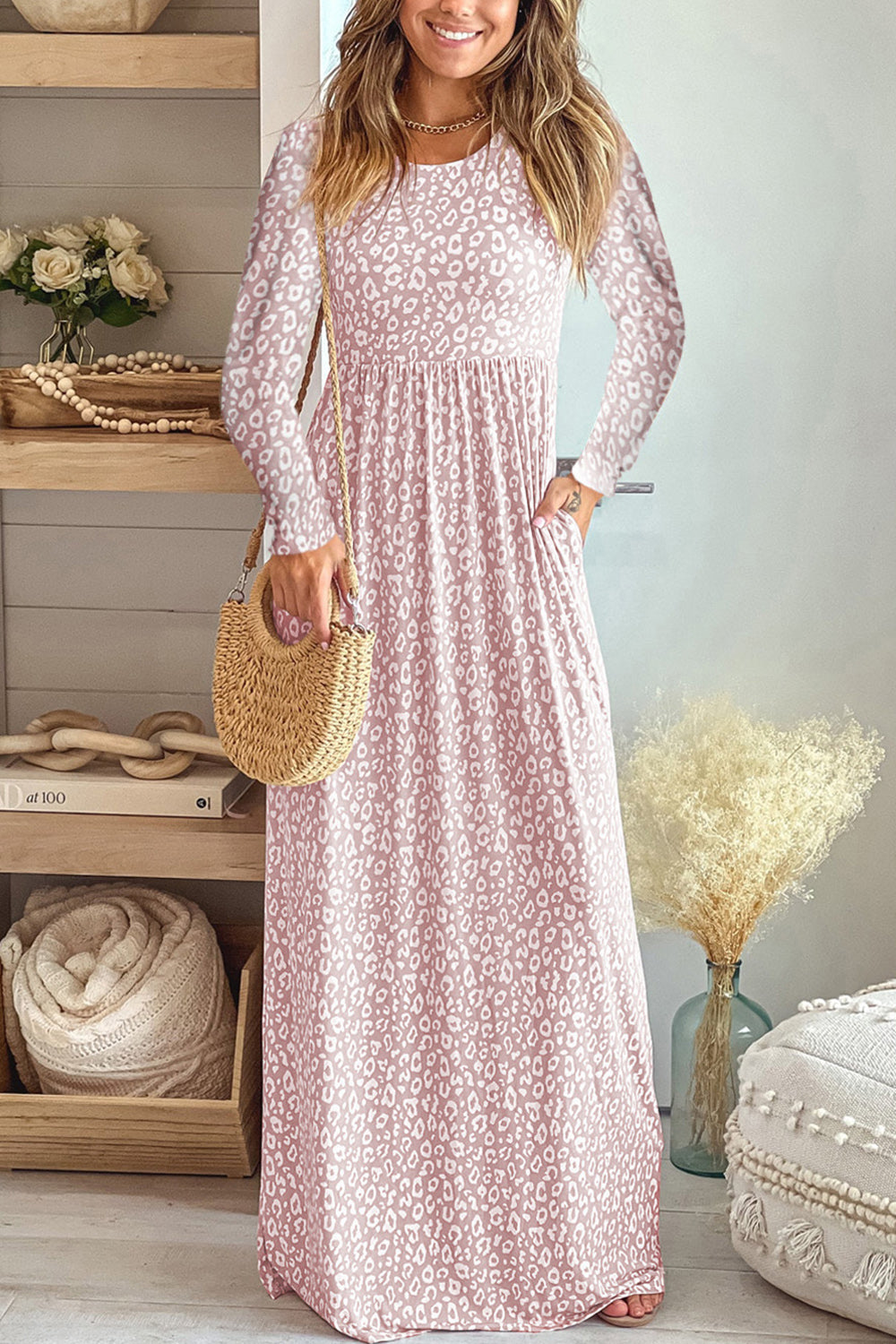 Leopard Round Neck Long Sleeve Blush Pink Maxi Dress