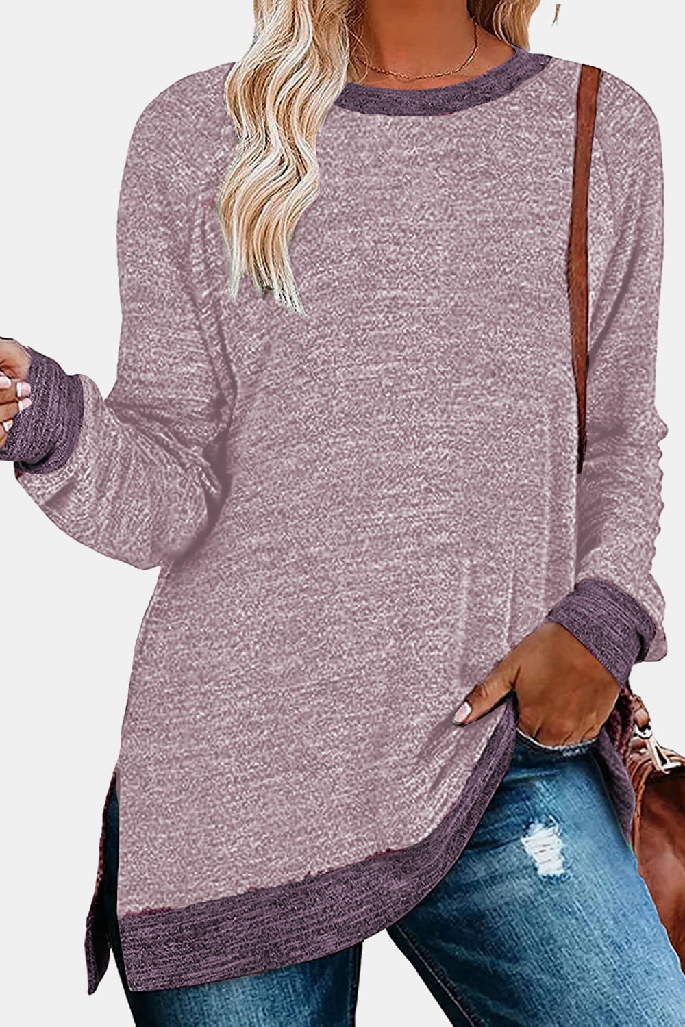 Full Size Round Neck Long Sleeve Slit T-Shirt