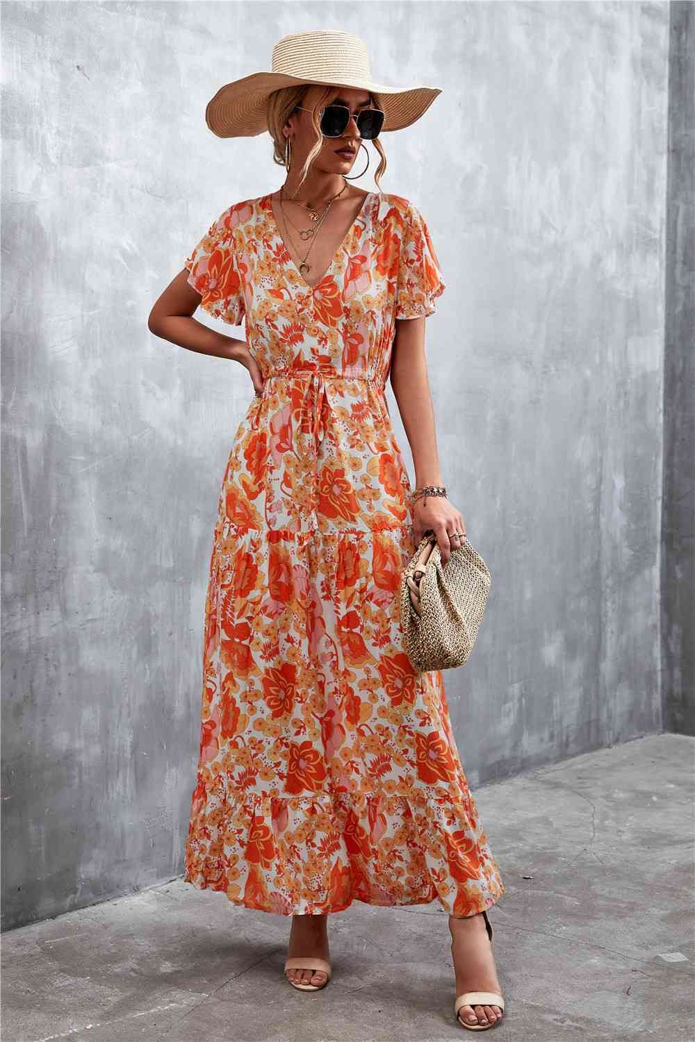 Full Size Floral Buttoned Drawstring Waist Tiered Dress