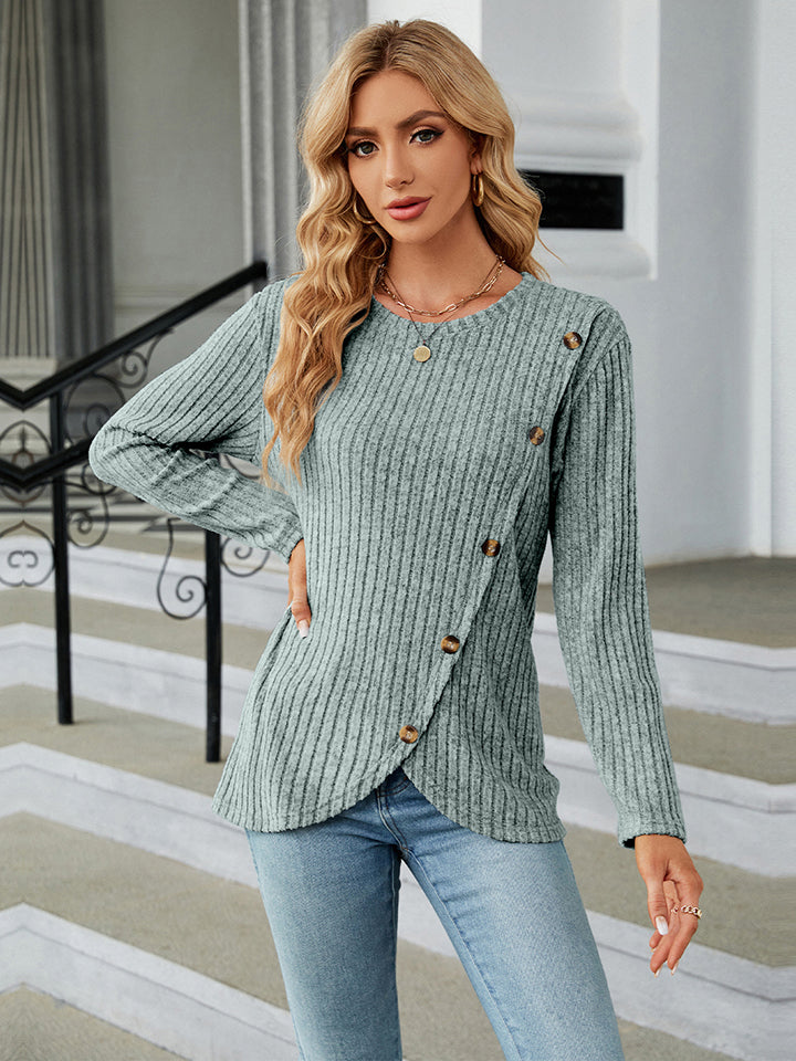 Full Size Round Neck Ribbed Button Detail Blouse