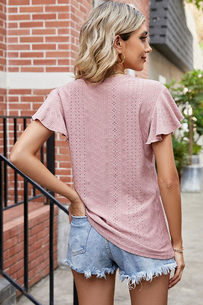 Eyelet V-Neck Flutter Sleeve T-Shirt