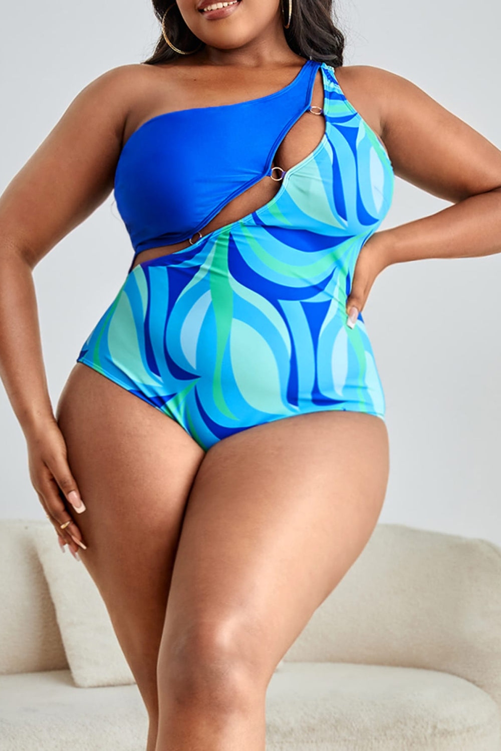 CURVES Plus Size Printed Ring Detail One-Shoulder One-Piece Swimsuit