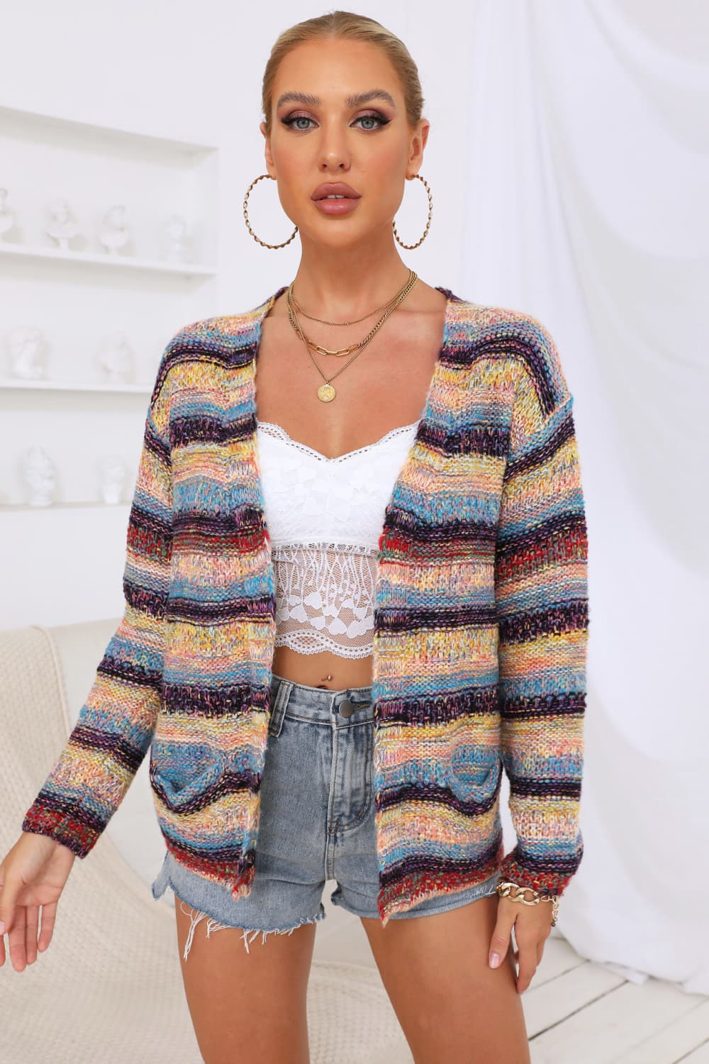 Full Size Striped Long Sleeve Open Front Cardigan