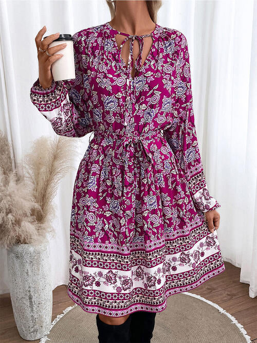 OhSoMidi Lilac Purple Floral Tie Neck Balloon Sleeve Dress