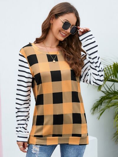 Women's HannahMea Plaid Striped Round Neck Long Sleeve T-Shirt