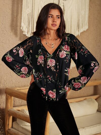 Women's CallistaAnn Flower Printed Tie Neck Long Sleeve Blouse