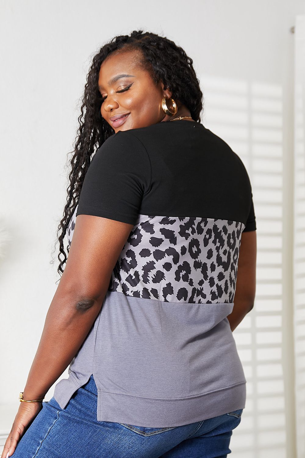 Double Take Black Full Size Leopard Print Color Block Short Sleeve T-Shirt