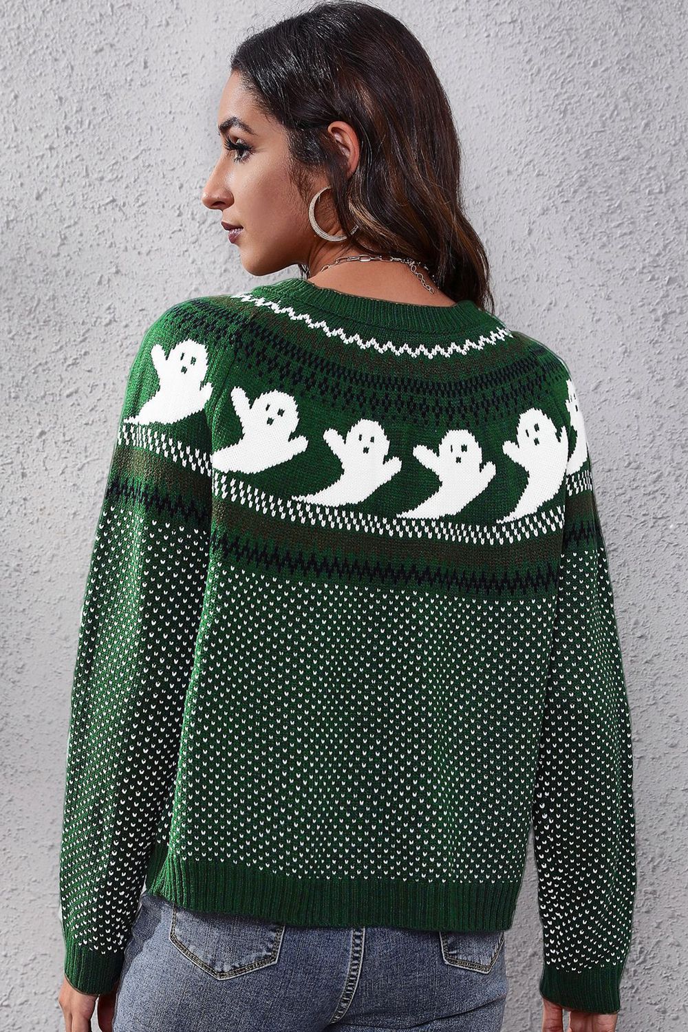 Full Size Ghost Pattern Round Neck Long Sleeve Sweater