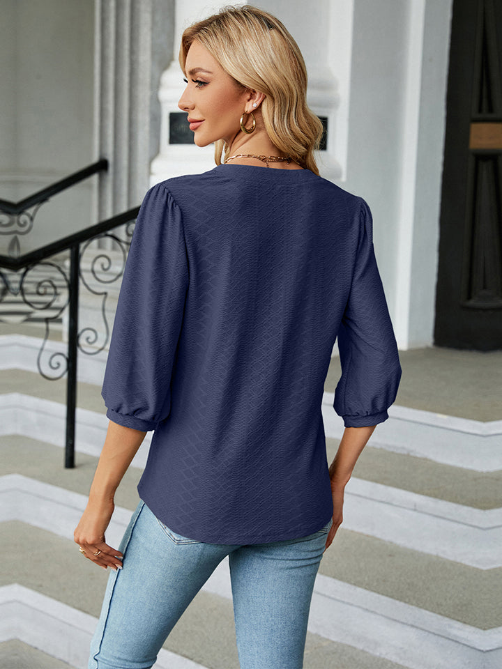 Full Size Notched Neck Three-Quarter Sleeve Blouse