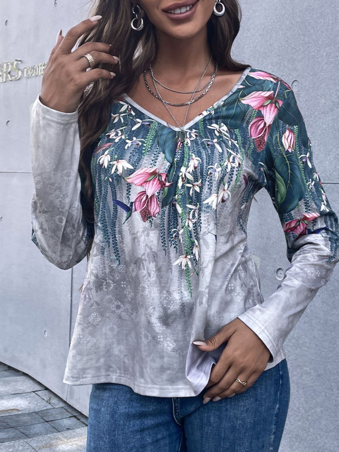 Full Size Floral V-Neck Long Sleeve Tee