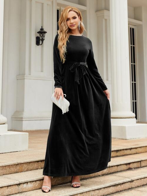 OhSoMaxi Tie Front Round Neck Long Sleeve Maxi Dress