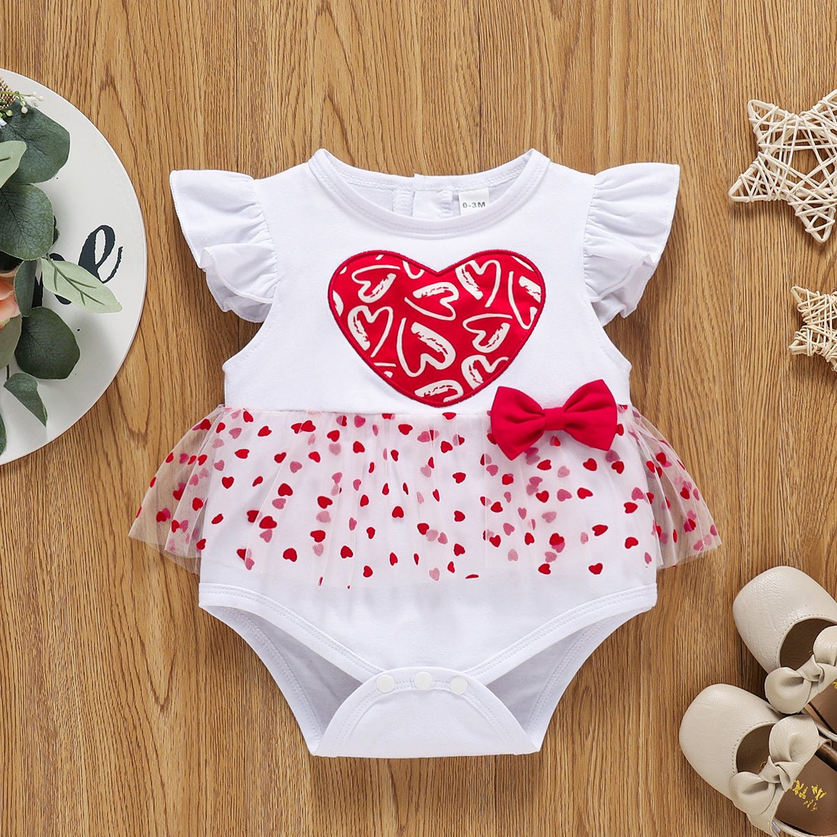 LITTLE GIRLS Valentine's Day Baby Heart Graphic Tulle Bodysuit Dress SZ 0M-12M