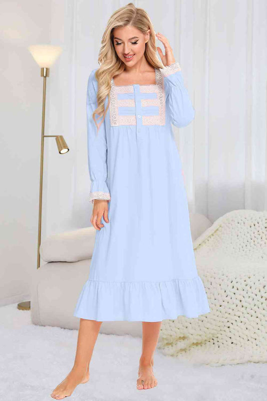Full Size Lace Detail Square Neck Flounce Sleeve Night Dress