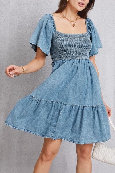 Larissa Bea Smocked Square Neck Mini Denim Dress