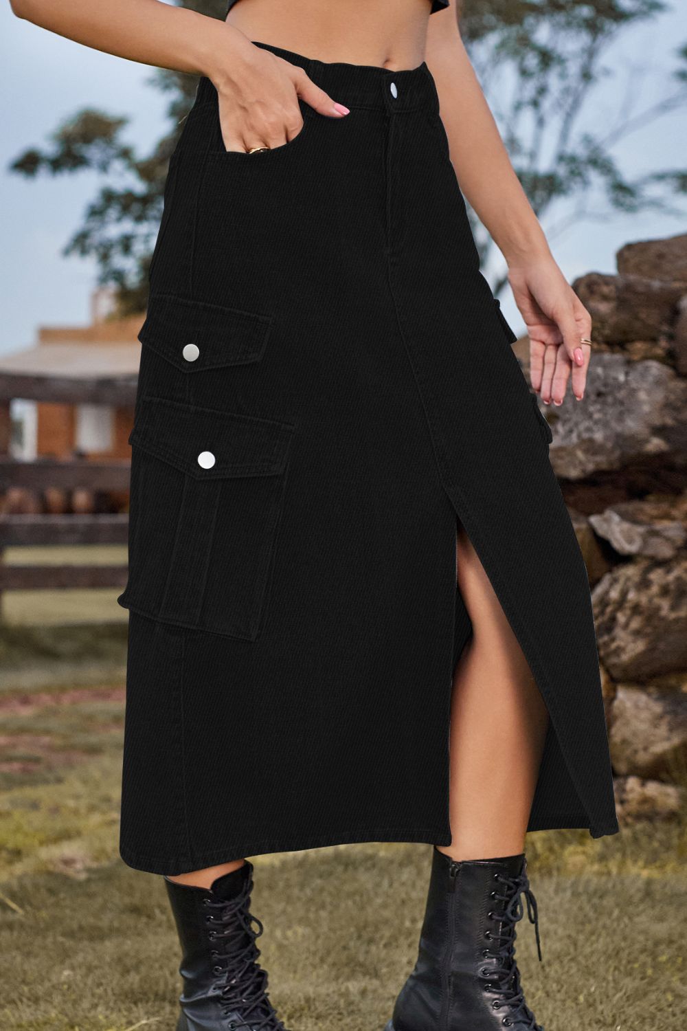 Full Size Slit Front Midi Denim Skirt with Pockets
