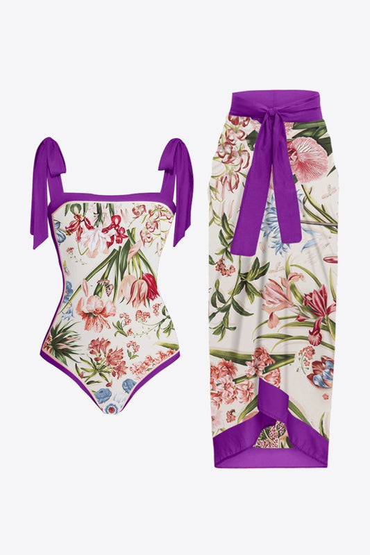 Full Size Floral Tie Shoulder Two-Piece Swim Set