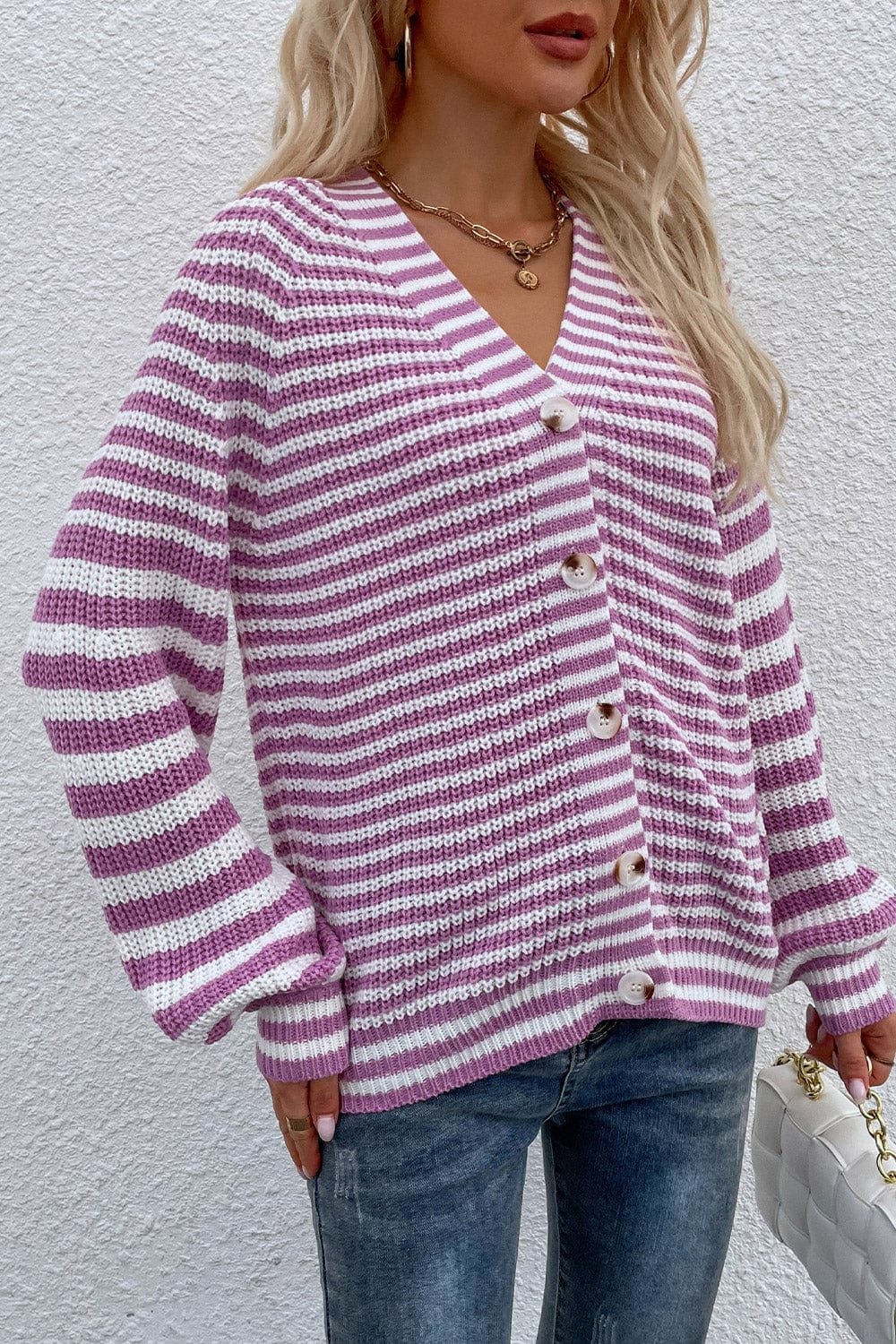 LakenLea Striped V-Neck Button-Down Cardigan