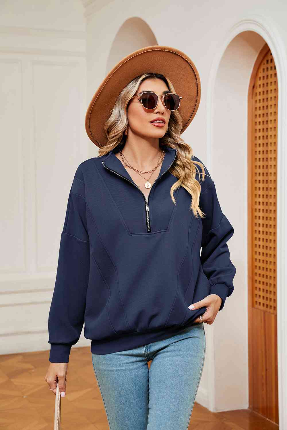 Full Size Half-Zip Dropped Shoulder Sweatshirt