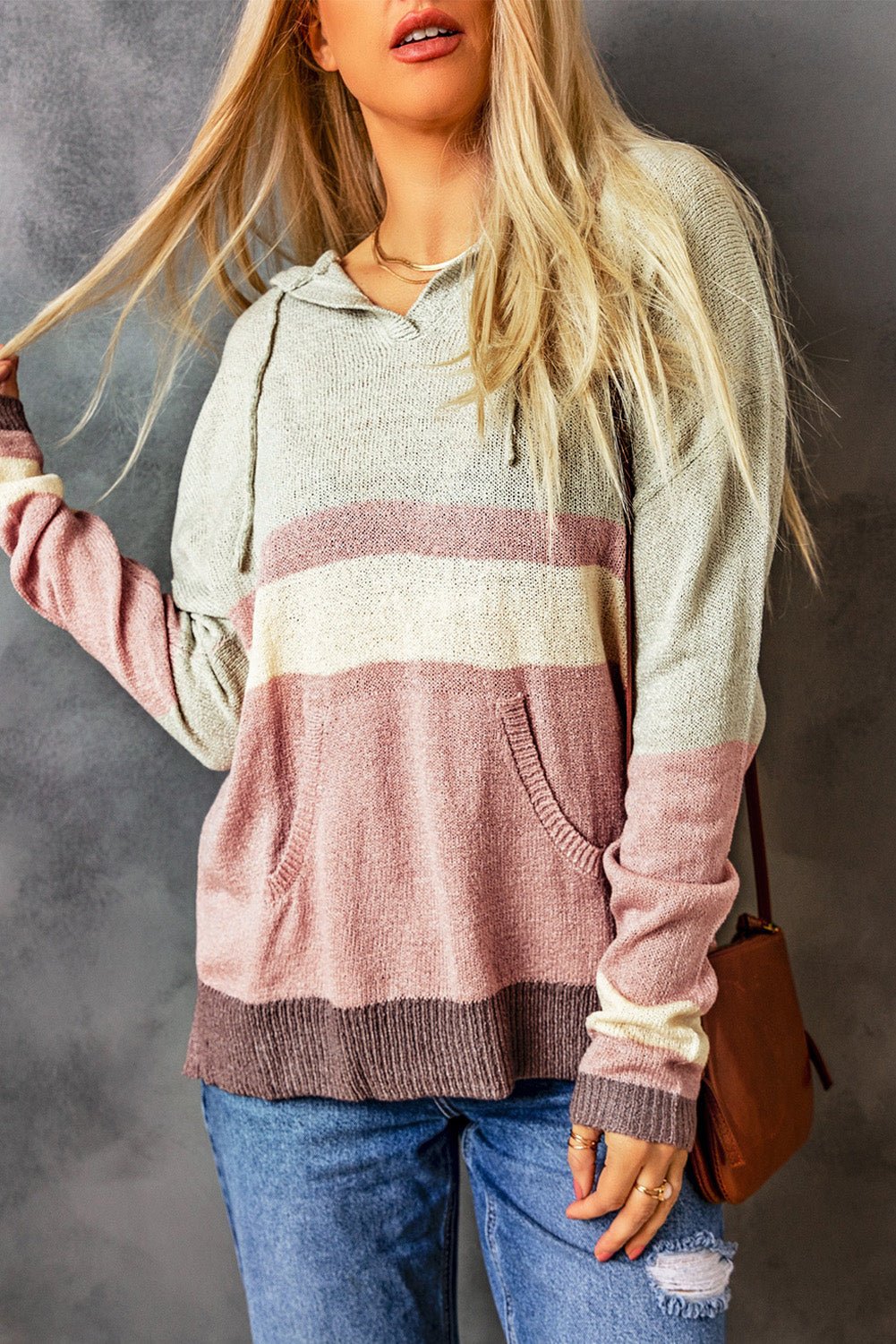 Women's Color Block Drawstring Side Slit Hooded Sweater