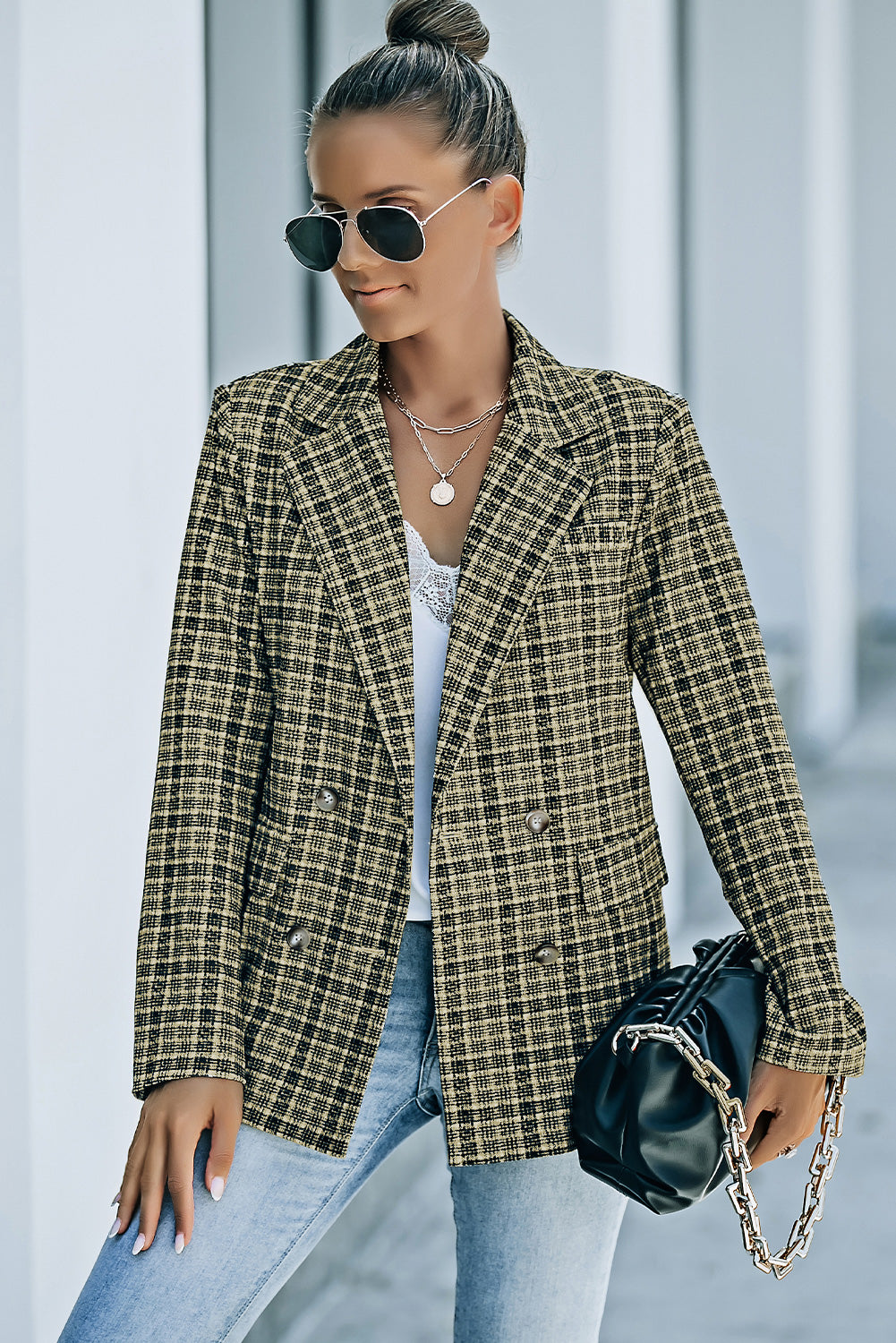 Women's Plaid Double-Breasted Long Sleeve Blazer