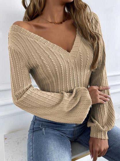 Tan Cable-Knit V-Neck Long Sleeve Knit Top