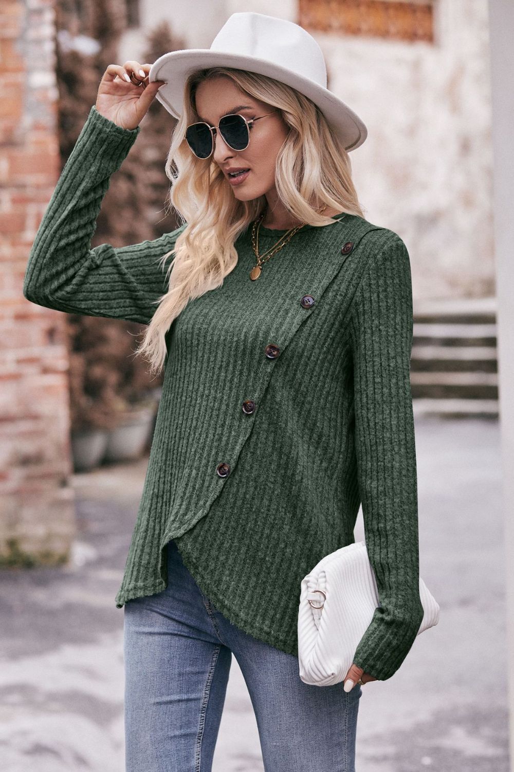 Full Size Ribbed Round Neck Buttoned Long Sleeve Tee