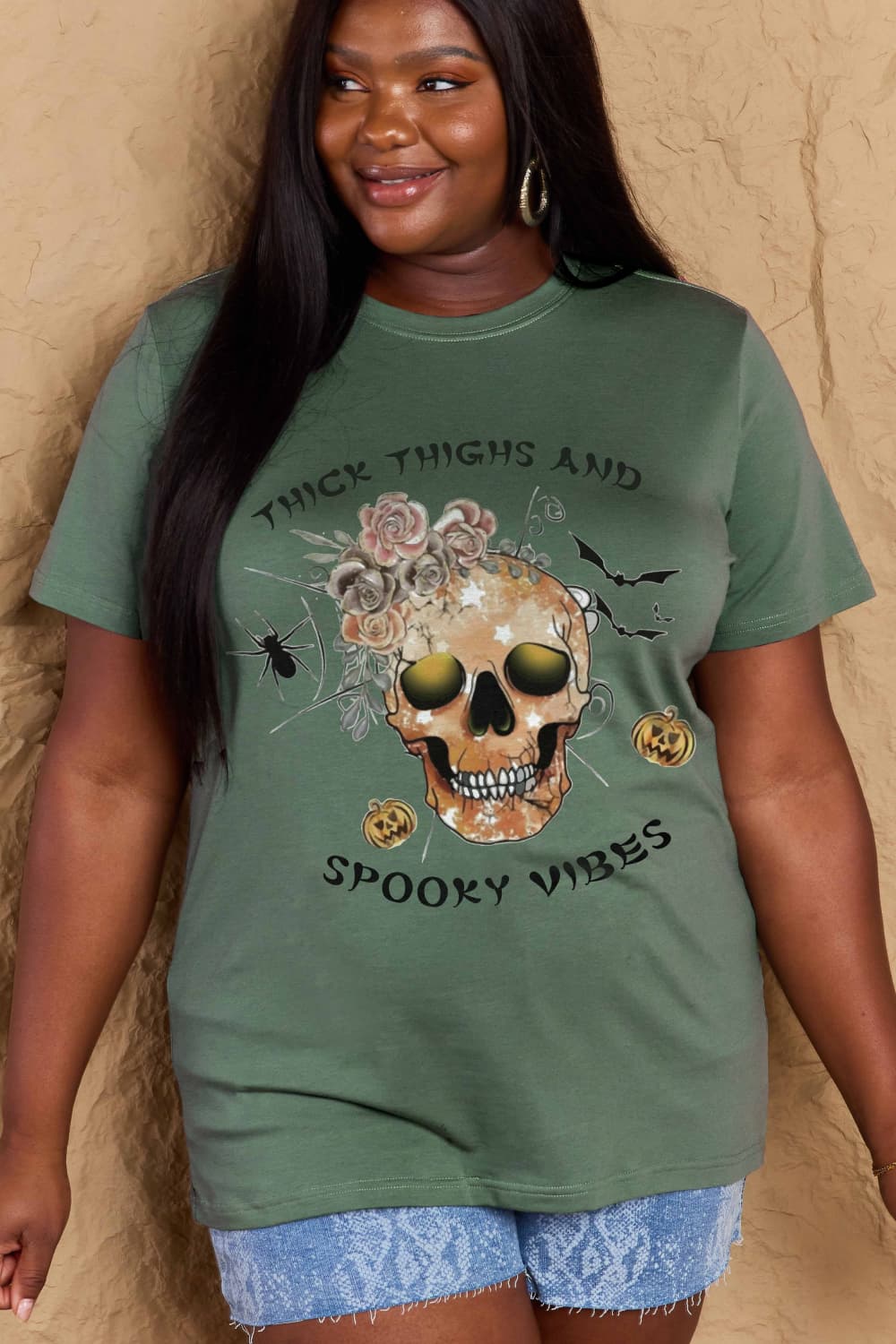 Simply Love Full Size Halloween THICK THIGHS AND SPOOKY VIBES Graphic Cotton T-Shirt