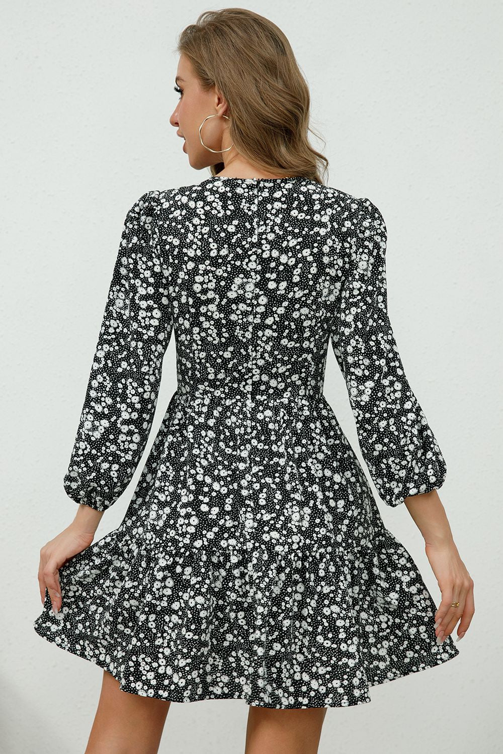 Avery Aria Full Size Printed Plunge Neck Flounce Sleeve Mini Dress