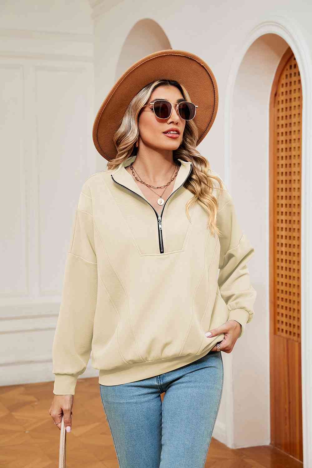 Full Size Half-Zip Dropped Shoulder Sweatshirt