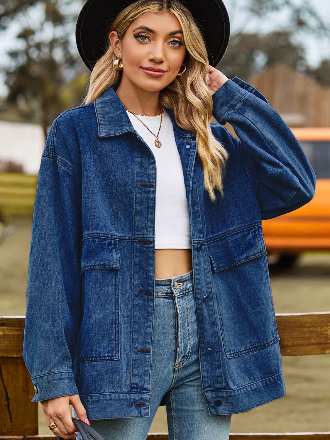 Outer Adventure Full Size Dropped Shoulder Denim Jacket with Pockets