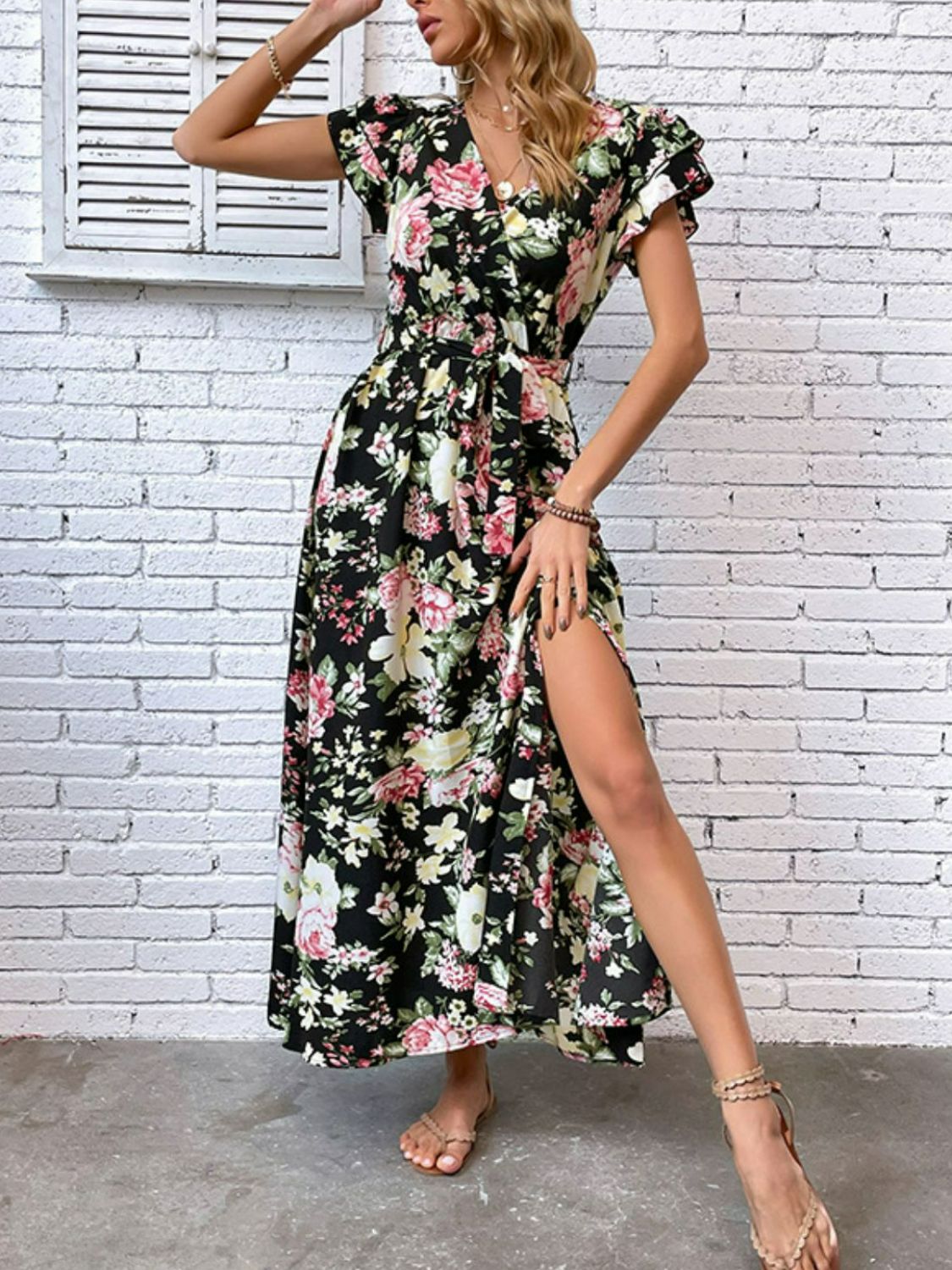 Women's Floral Flutter Sleeve Tie-Waist Split Dress