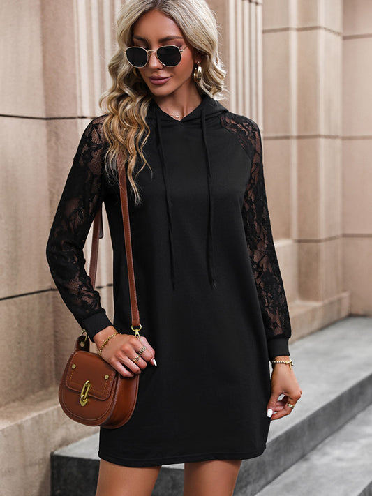 Lace Trim Long Sleeve Hooded Black Dress