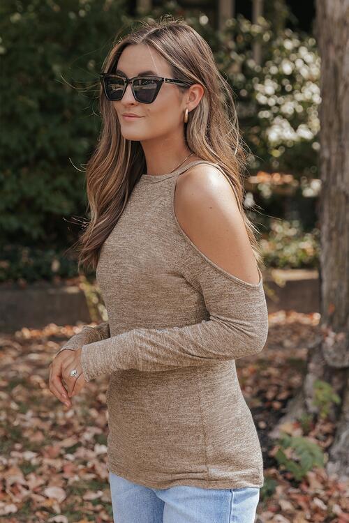 Basic Style Khaki Heathered Round Neck Cold Shoulder T-Shirt