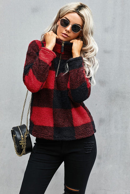 Half Zip Plaid Turtleneck Sweatshirt