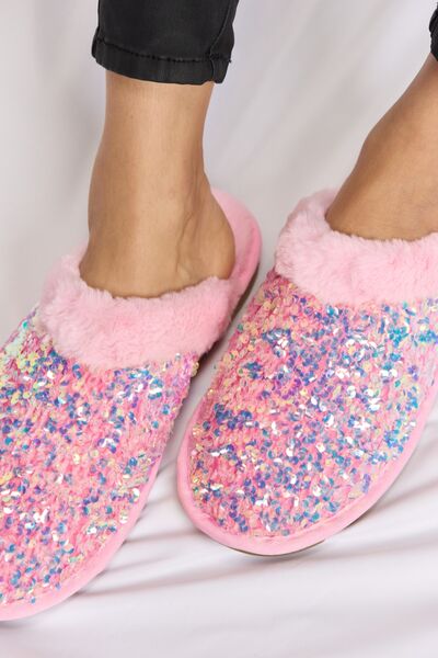 Forever Link Pink Sequin Plush Round Toe Slippers