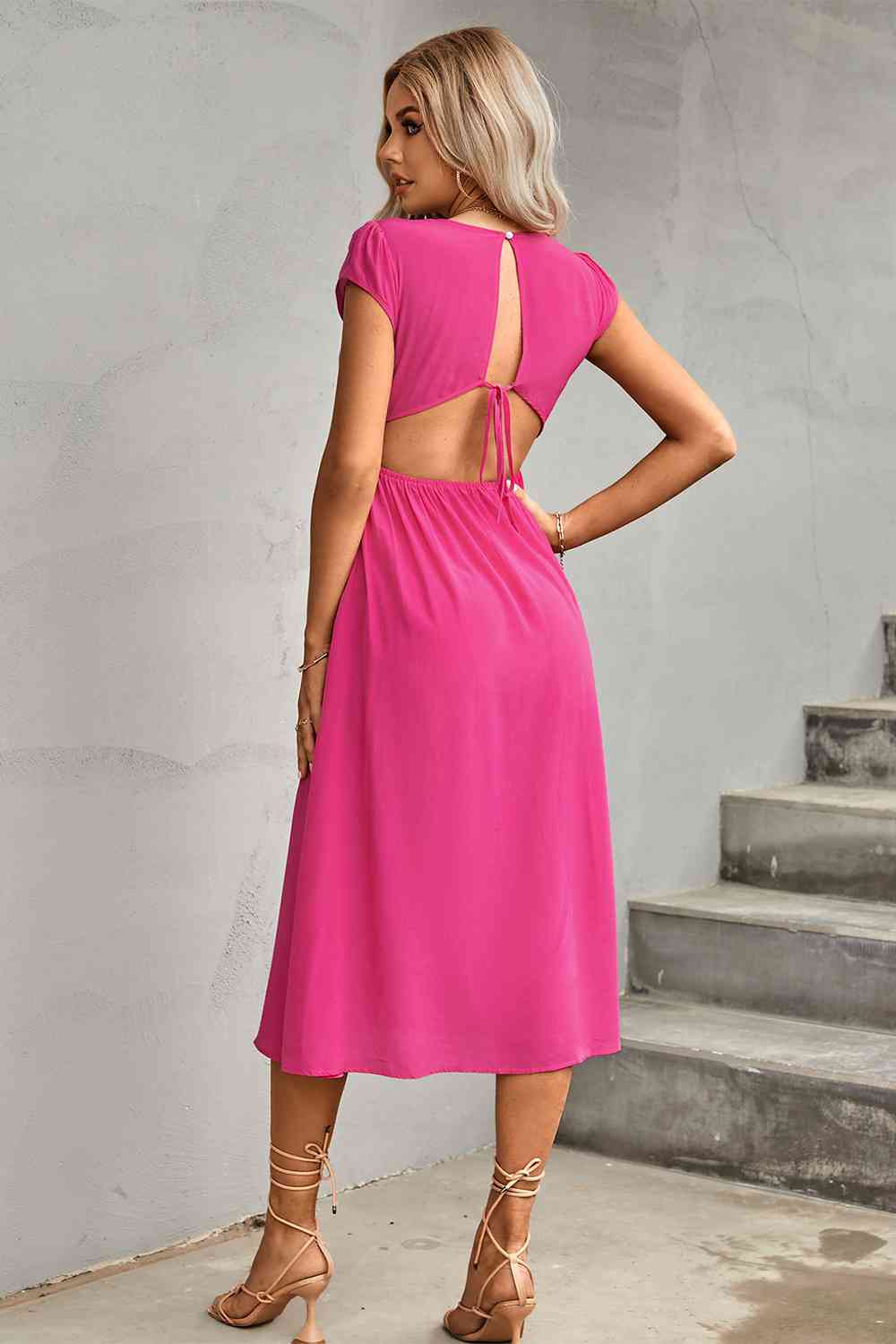 Tie Back Cutout Round Neck Split Hot Pink Dress