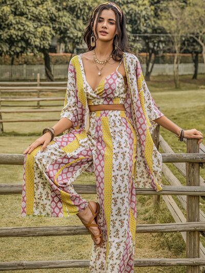 Adryane Jay Printed Cami,Open Front Cover Up and Wide Leg Pants Set