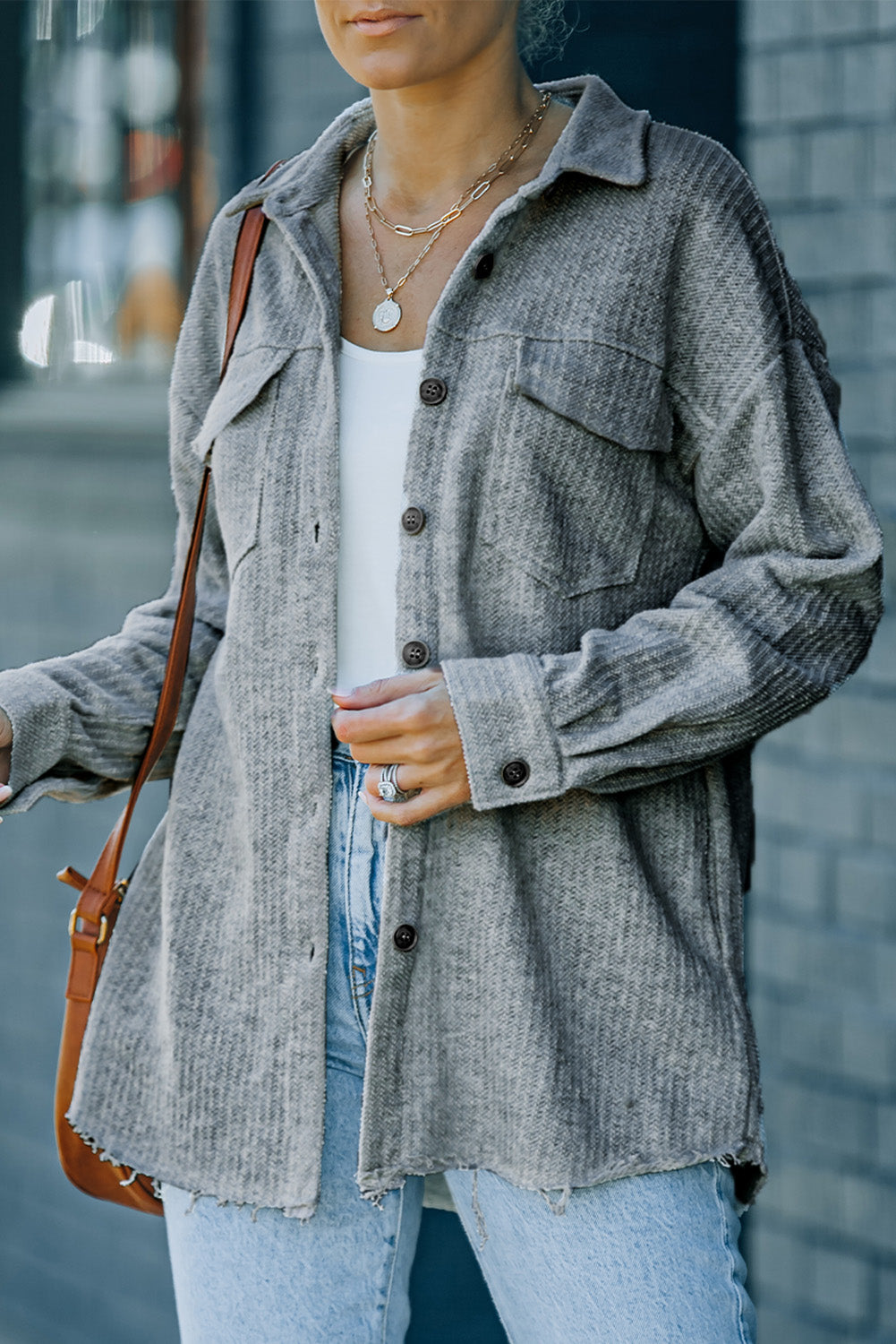 Full Size Textured Button Down Shirt Jacket with Pockets