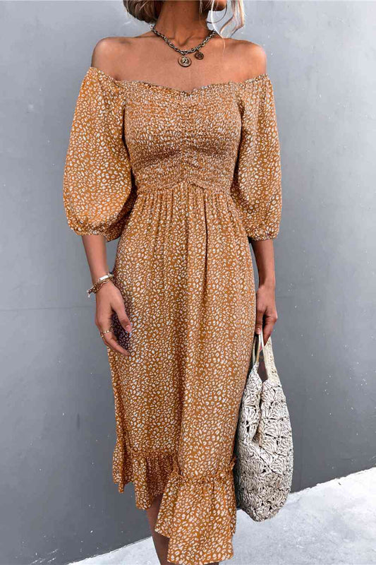 Brown Printed Off-Shoulder Ruffle Hem Midi Dress