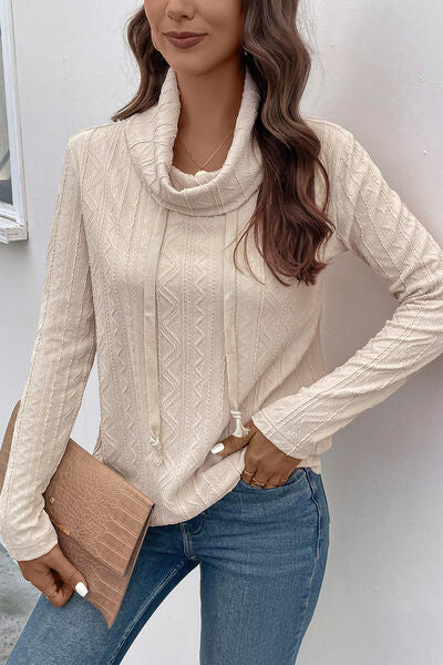 Beige Tied Mock Neck Long Sleeve Knit Top