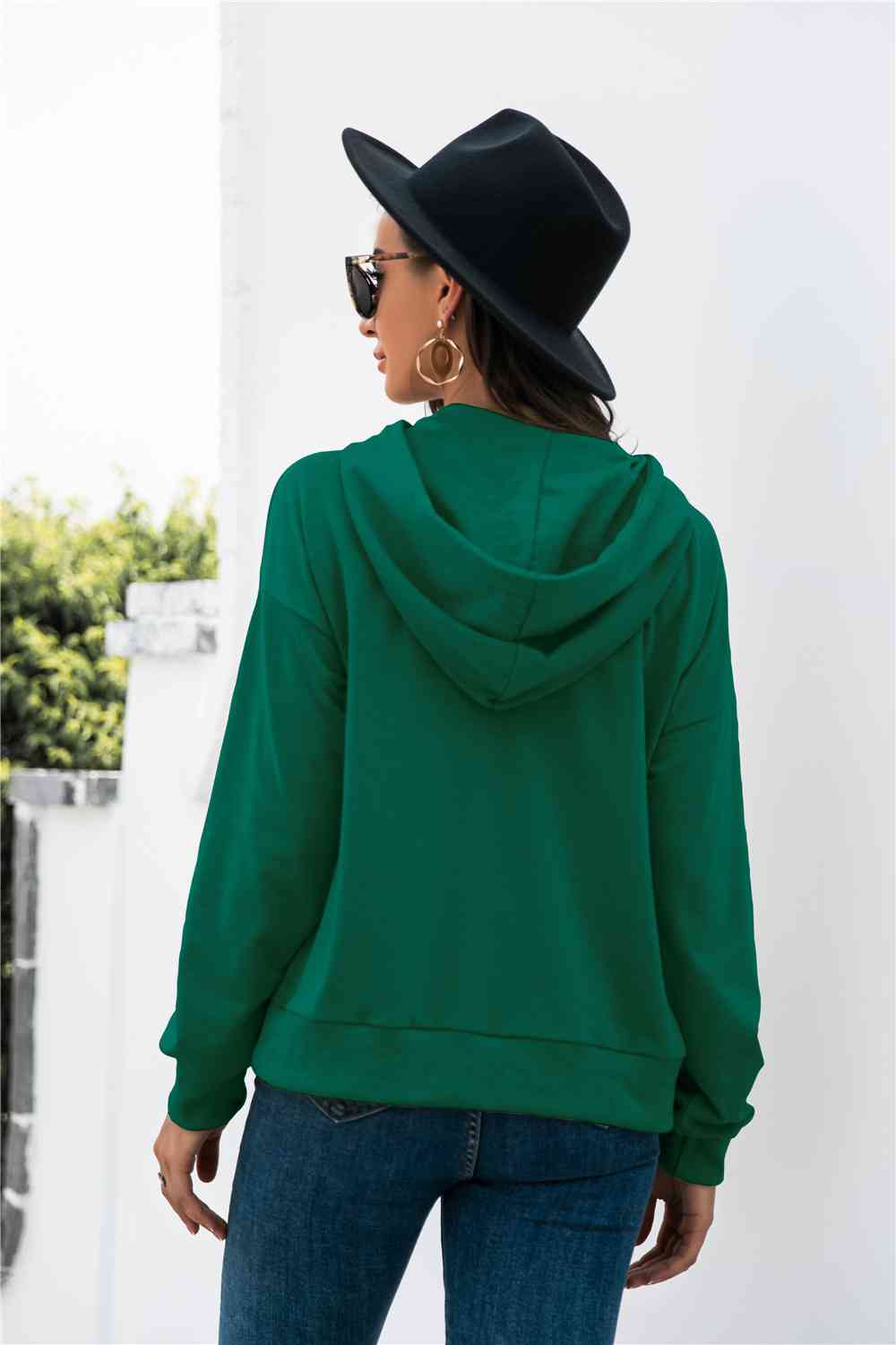 Full Size Half-Snap Green Drawstring Hoodie with Kangaroo Pocket