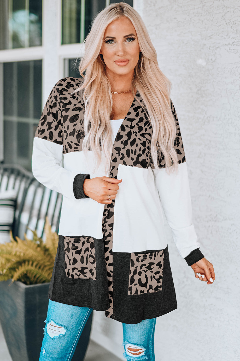 Women's Leopard Print Color Block Longline Cardigan