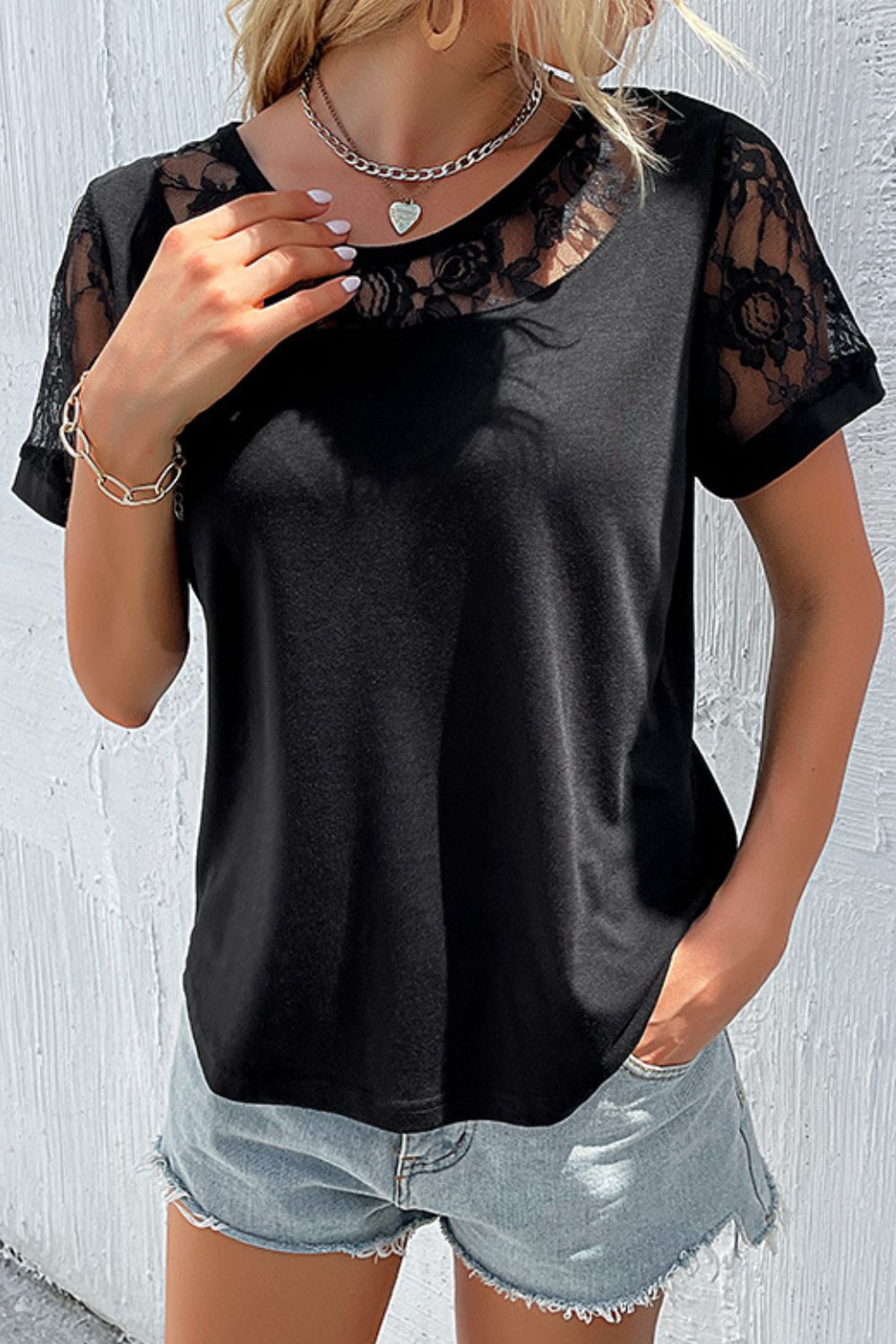 Spliced Lace Round Neck Short Sleeve Top