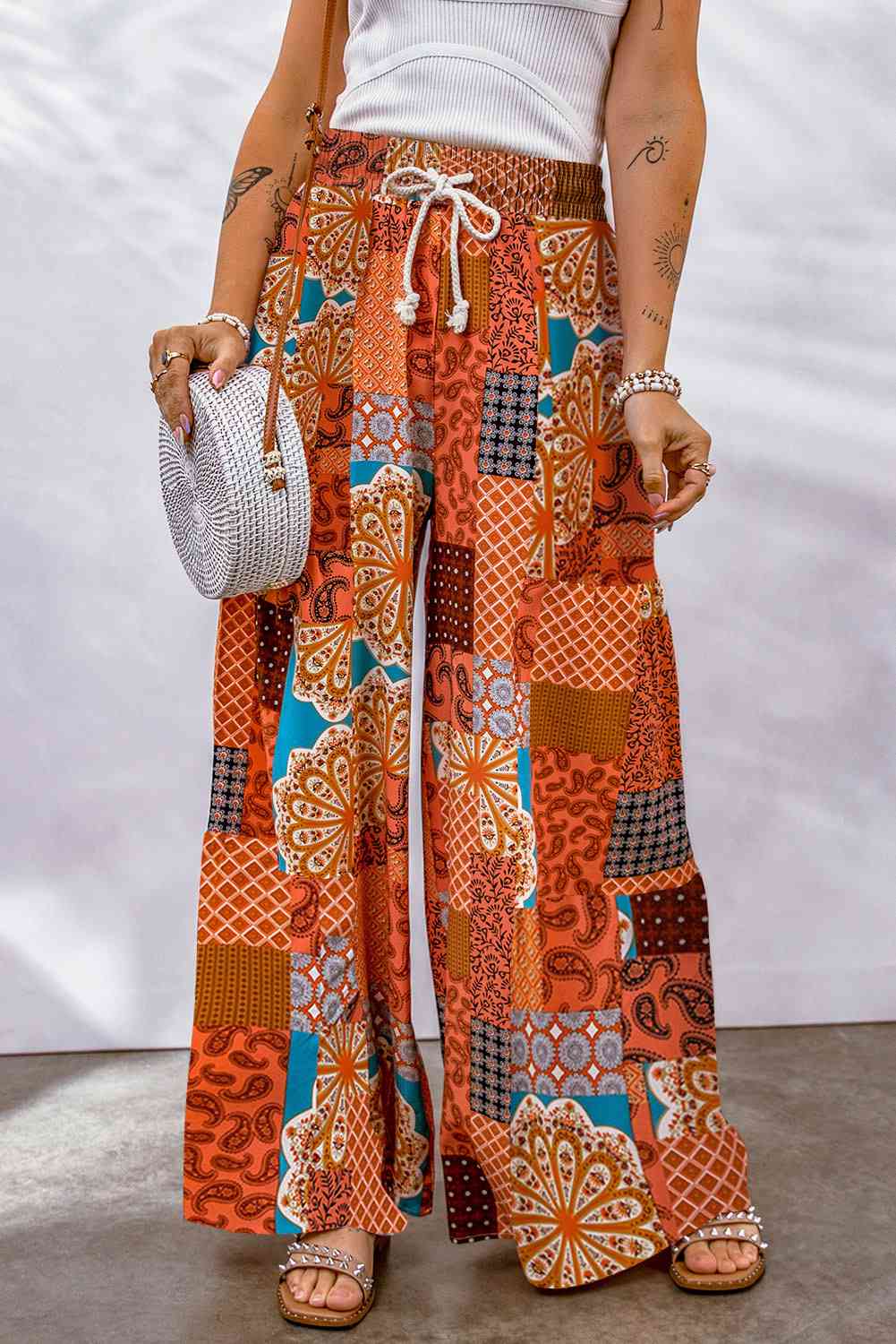 Bohemian Woman Patchwork Drawstring Wide Leg Pants