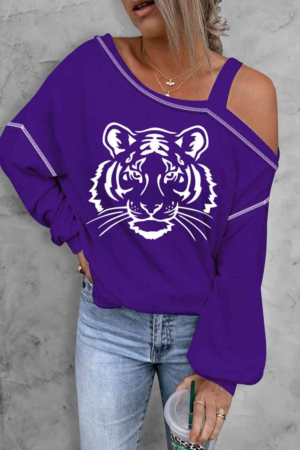 Tiger Graphic Long Sleeve Asymmetrical Neck Violet Top