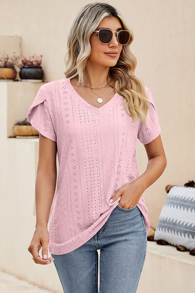 Eyelet V-Neck Petal Sleeve T-Shirt