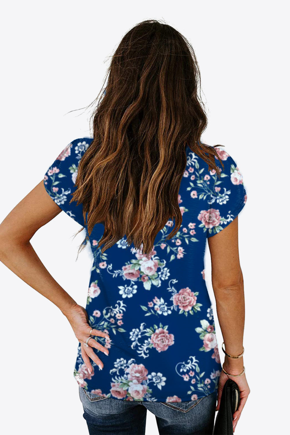 Full Size Printed Petal Sleeve V-Neck Blouse